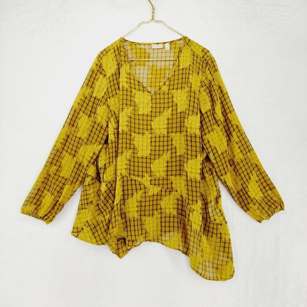 LOGO by Lori Goldstein Yellow Long Sleeve V-Neck Top Blouse 954